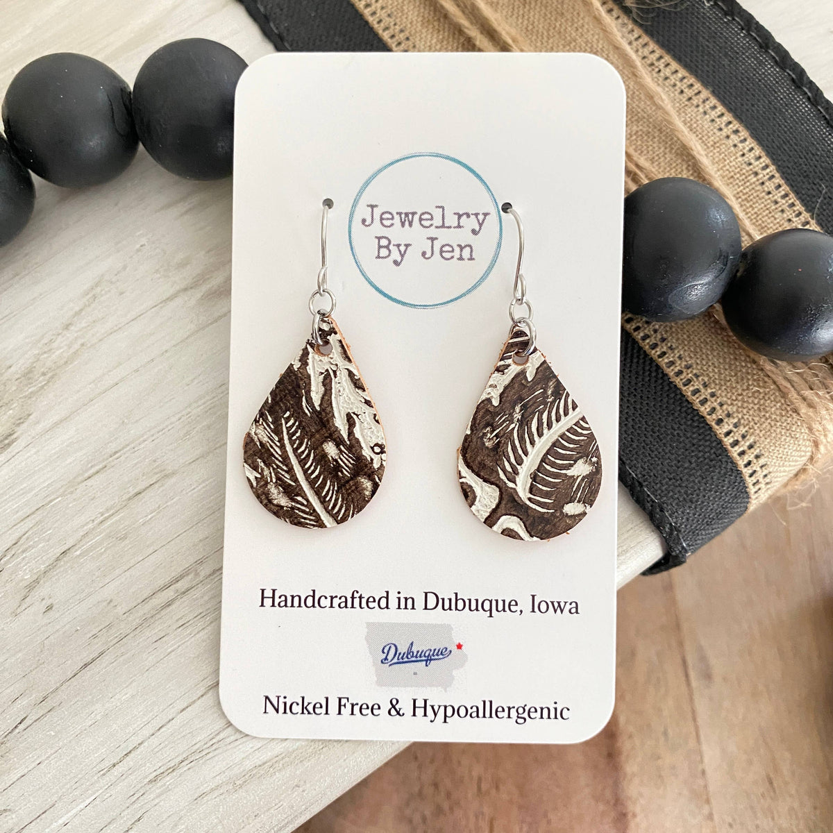 Small Teardrop Earrings: Cream & Brown Tooled