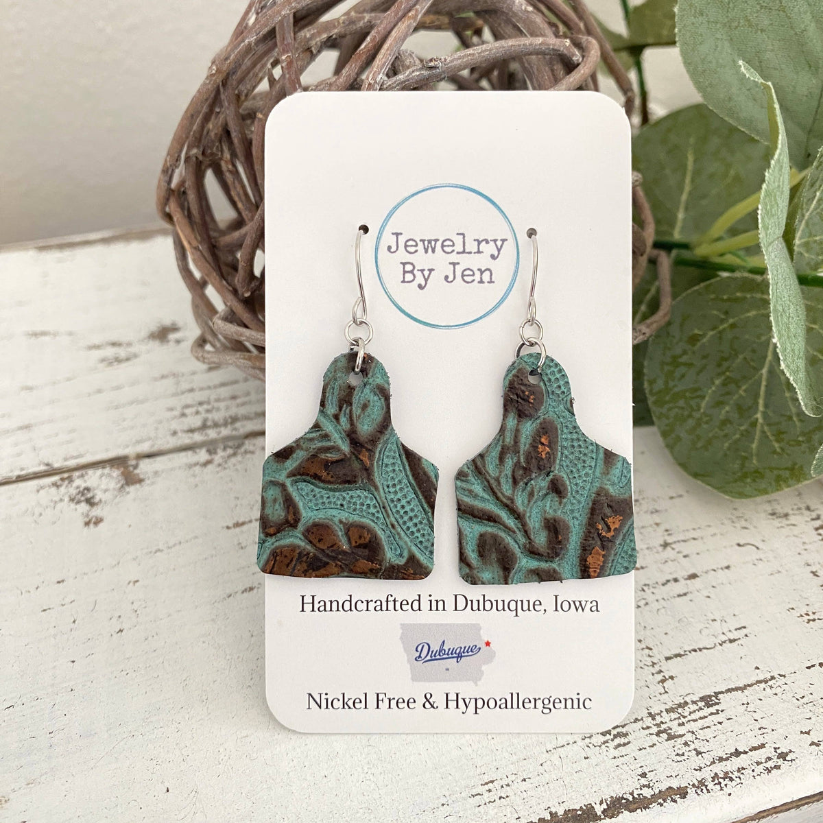 Cattle Tag Earrings (Medium): Turquoise Copper