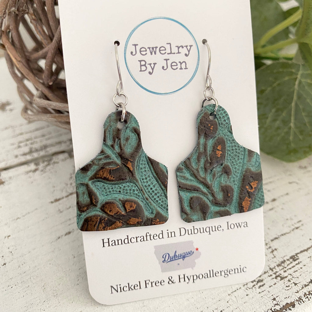 Cattle Tag Earrings (Medium): Turquoise Copper