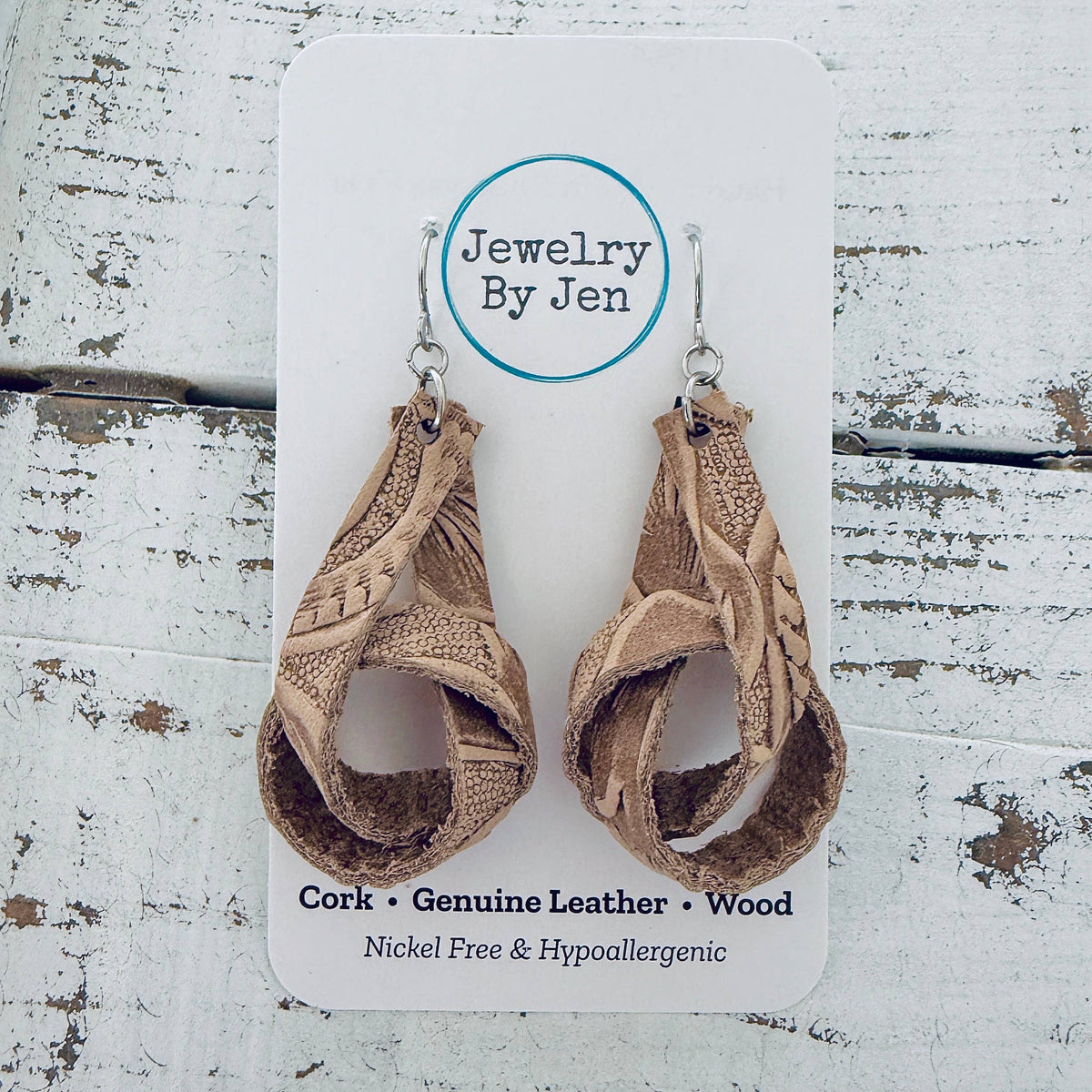 Knot Earrings: Tan Tooled