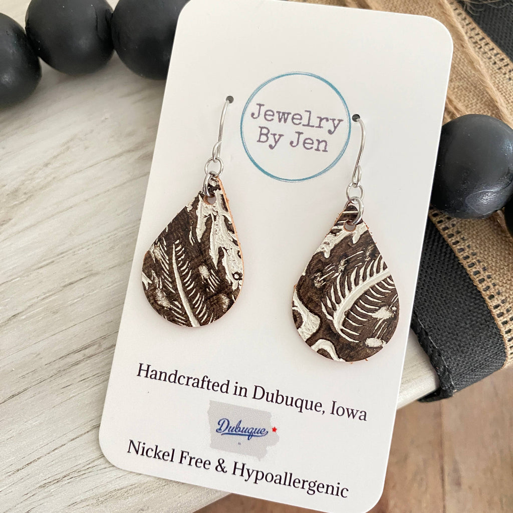 Small Teardrop Earrings: Cream & Brown Tooled