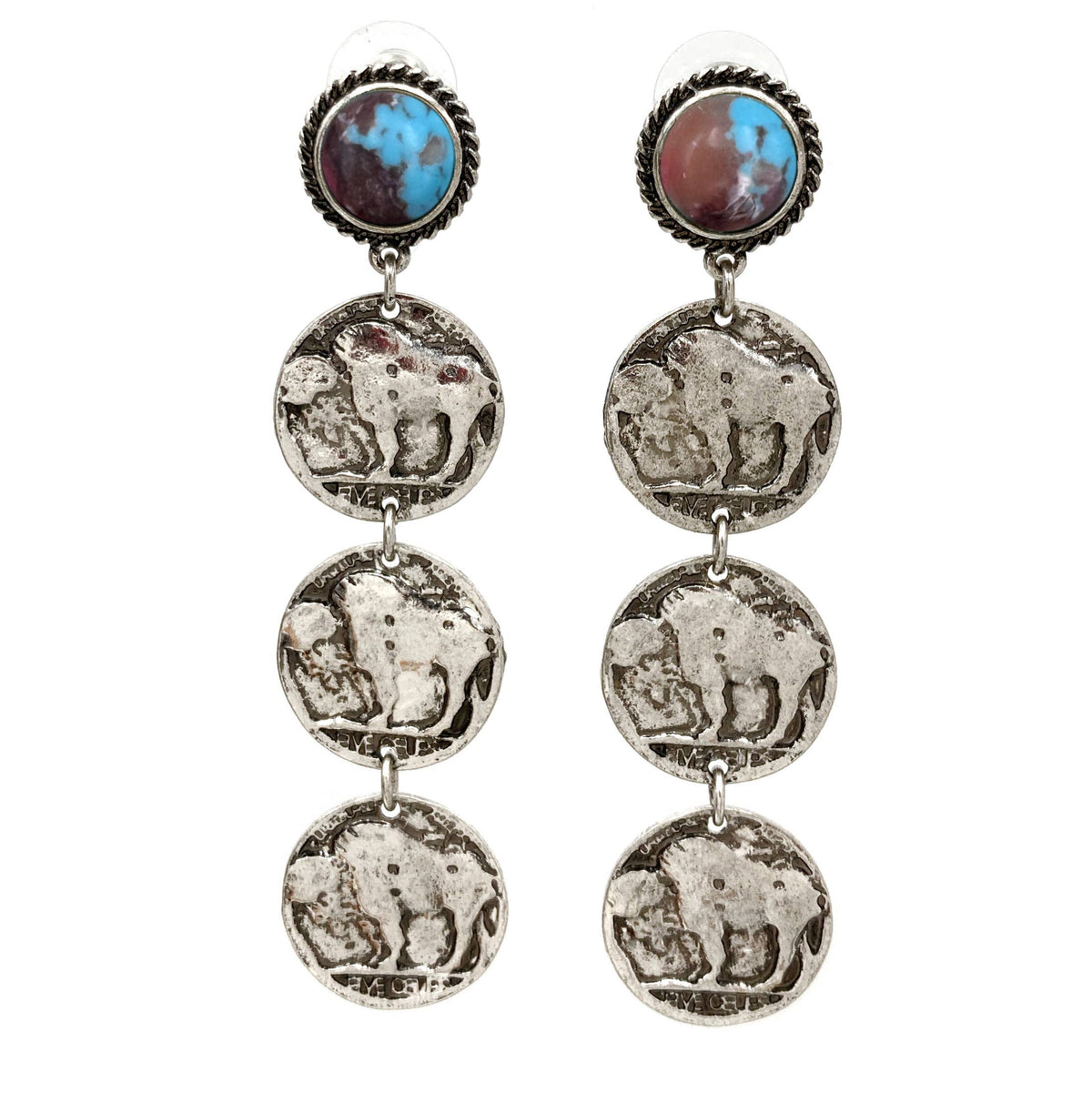 Buffalo Three Coin Turquoise Stud Earrings