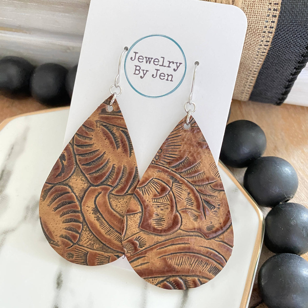 Large Teardrop Earrings: Brown Western Tooled
