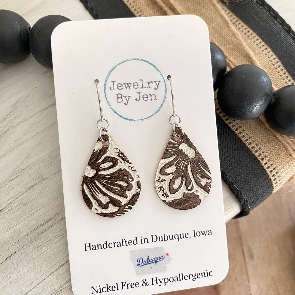 Small Teardrop Earrings: Cream & Brown Tooled