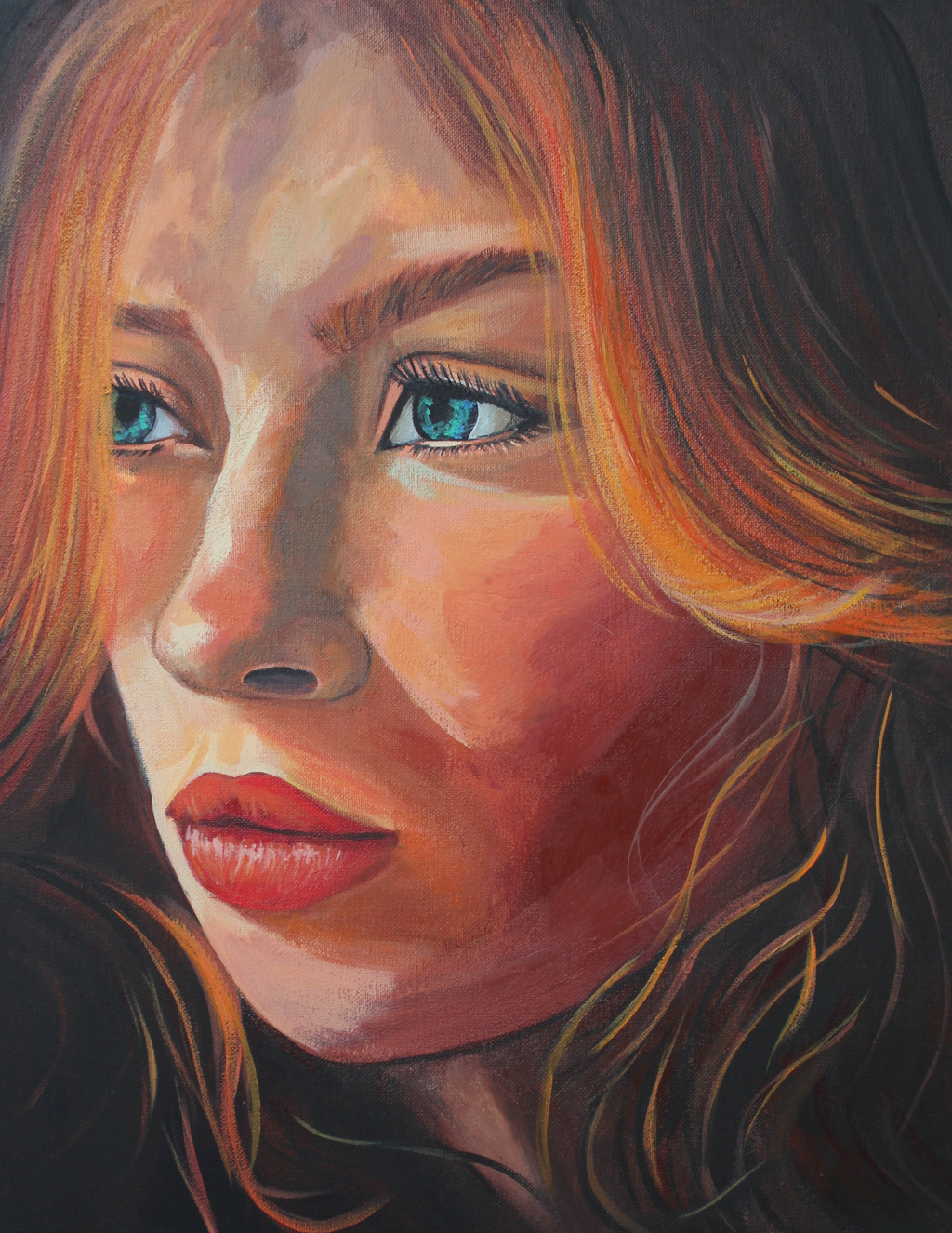 A close-up portrait painting of a woman with warm copper-orange hair, blue eyes, and red lips against a dark background.