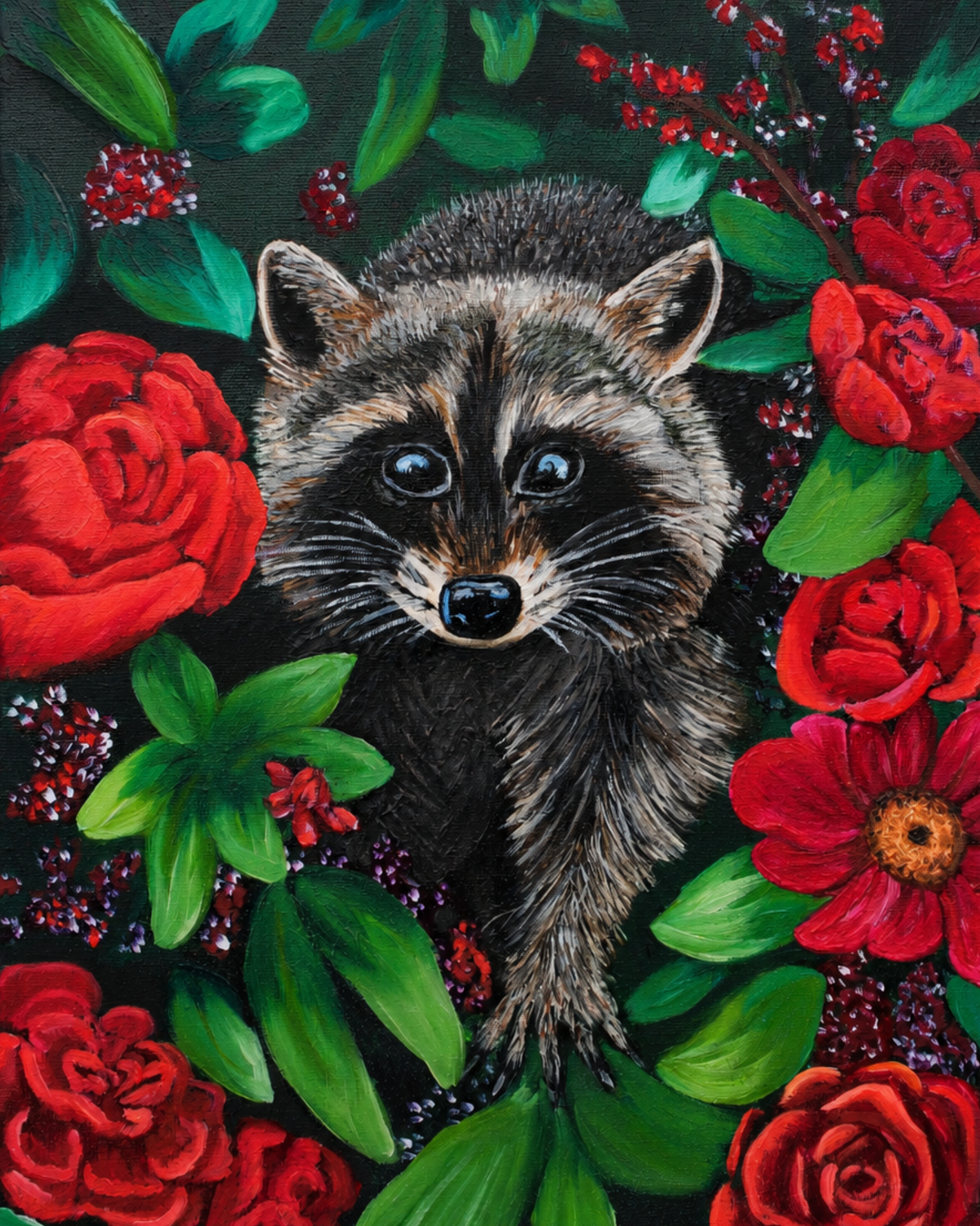 A colorful painting of a raccoon surrounded by red roses, green leaves, and small red berries on a dark background.
