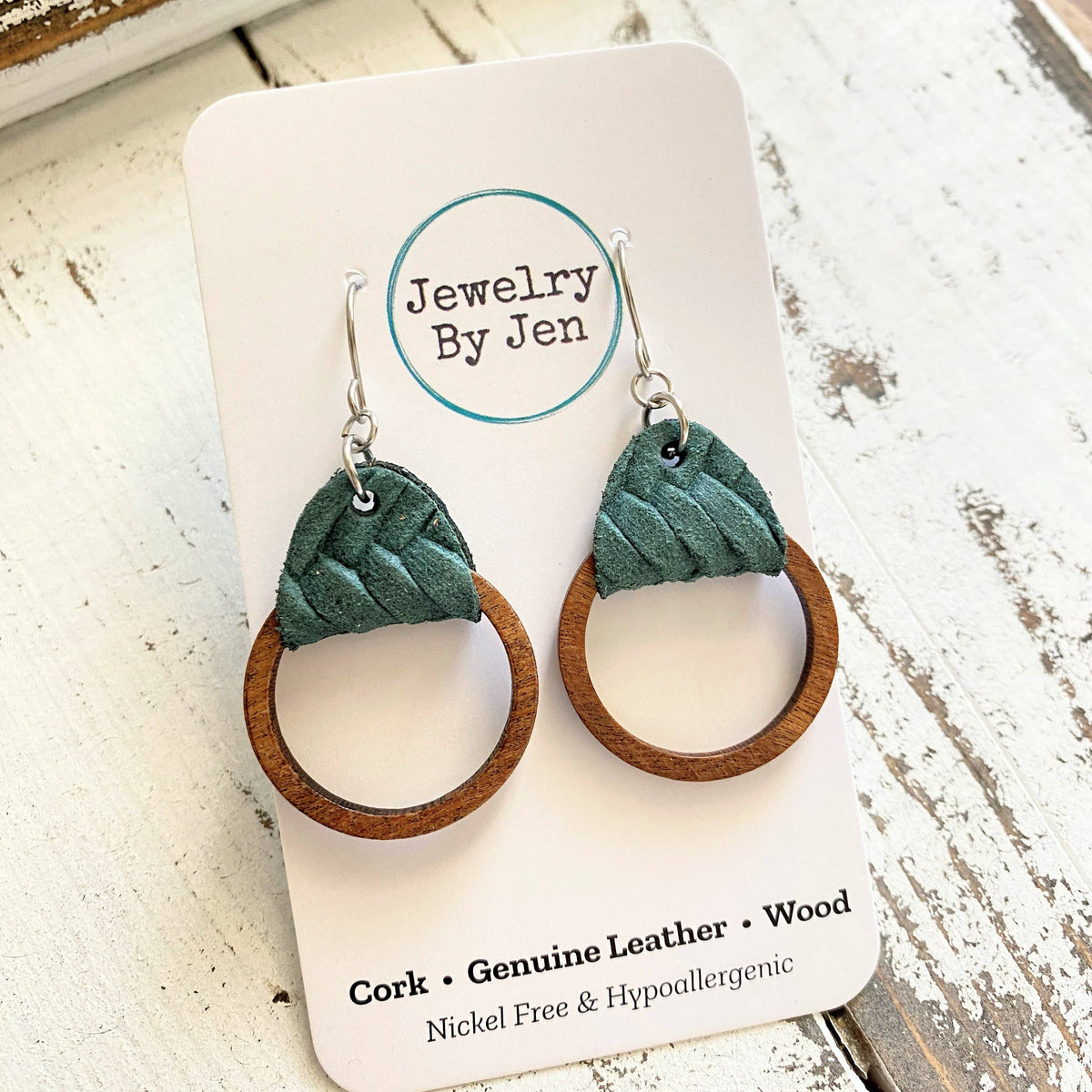 Wood Hoop Earrings: Pine Green Braided