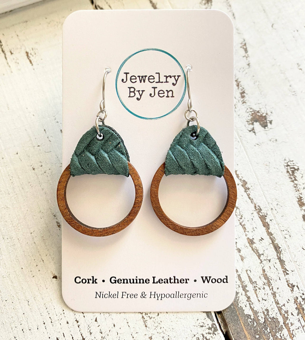 Wood Hoop Earrings: Pine Green Braided