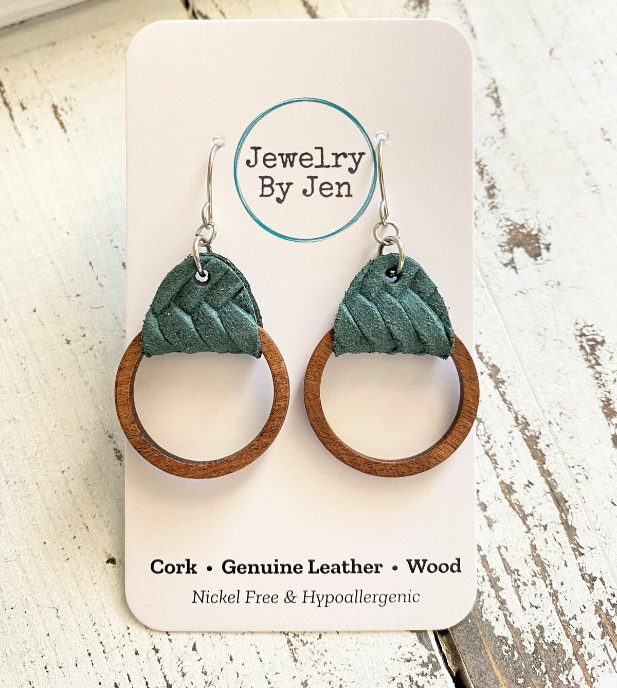 Wood Hoop Earrings: Pine Green Braided