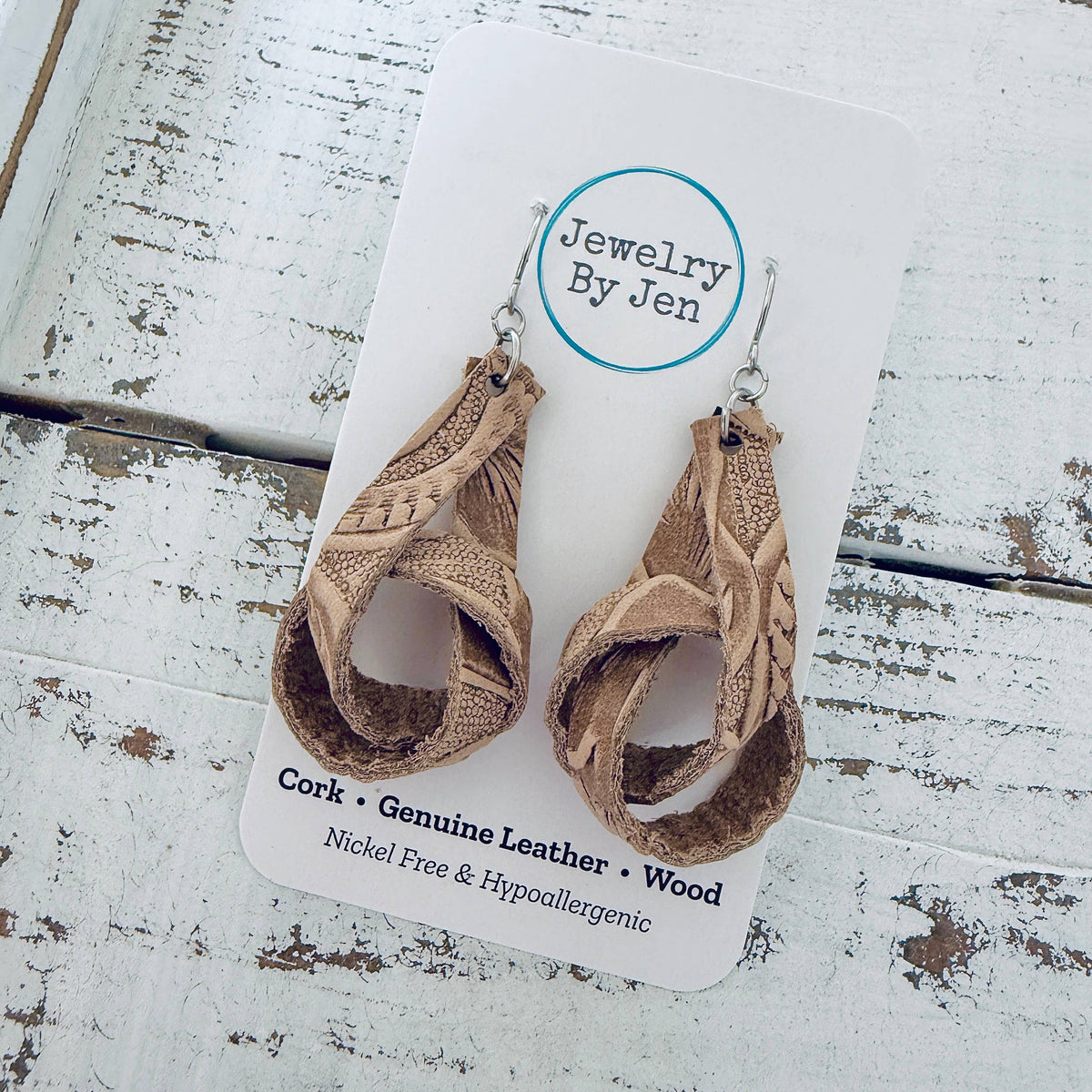 Knot Earrings: Tan Tooled