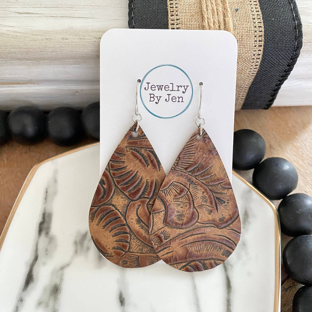 Large Teardrop Earrings: Brown Western Tooled