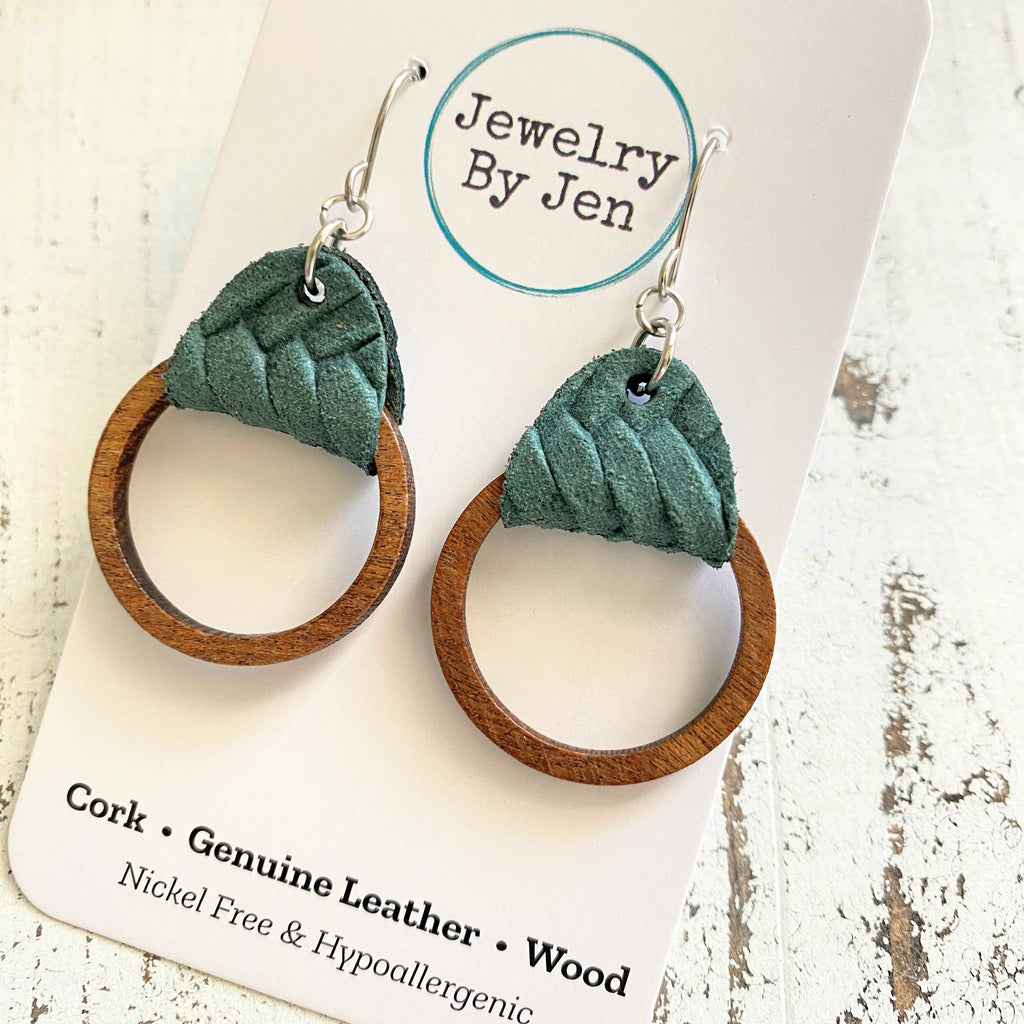 Wood Hoop Earrings: Pine Green Braided