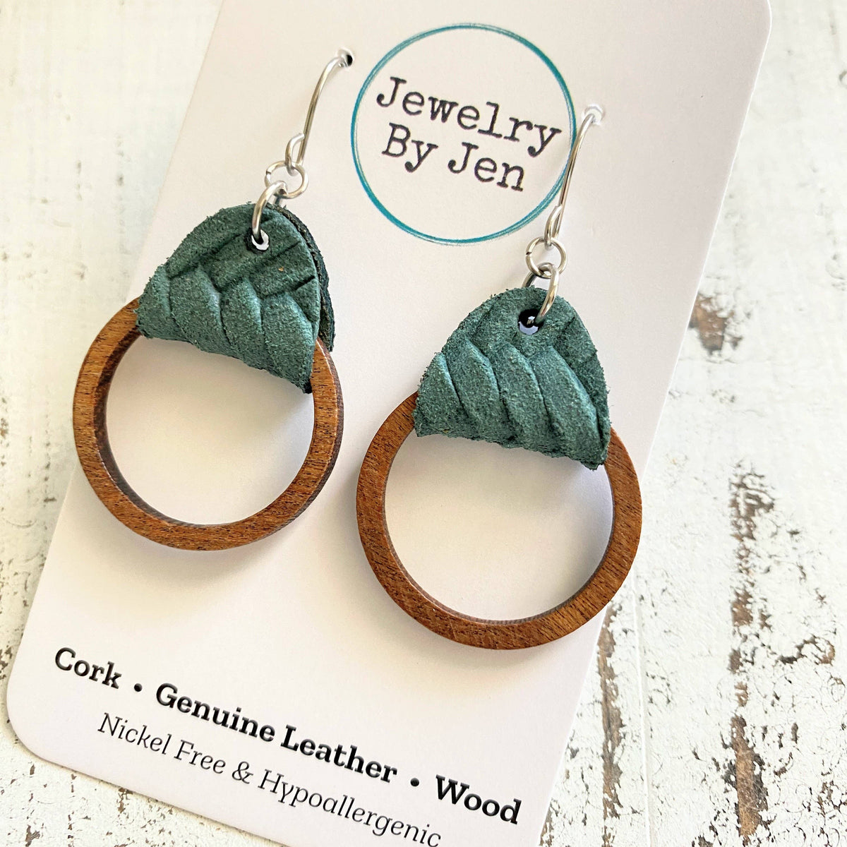 Wood Hoop Earrings: Pine Green Braided