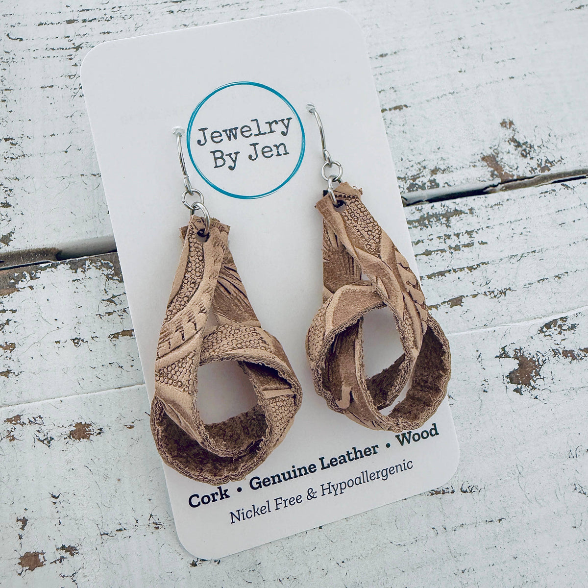 Knot Earrings: Tan Tooled